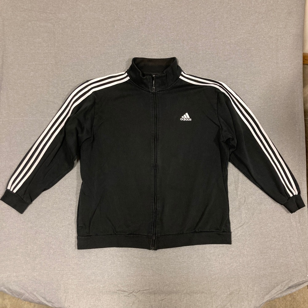 Adidas Essentials Mens Track Jacket Black White 3-Stripe Fleece Full Zip XL